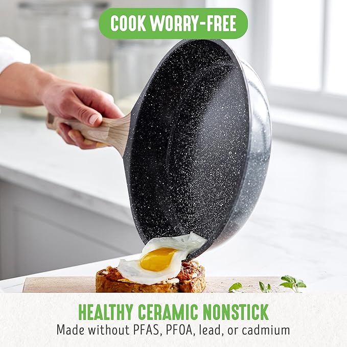 GreenLife Nonstick 2 Piece Frying Pan Set, 9.5" & 11" Skillets Ceramic PFAS-Free Nontoxic, Induction Suitable, Wood Print Handles, Stay-Cool Handles, Deep Cooking Skillets, Egg Pan, Granite Black