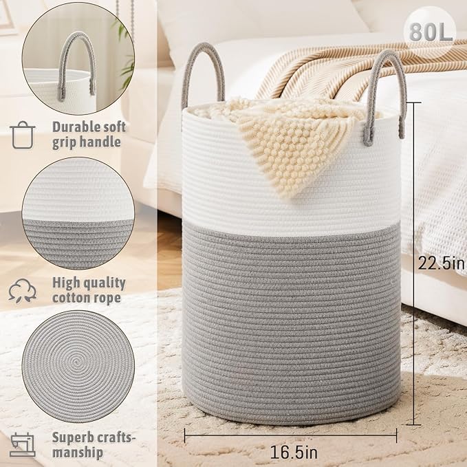 Laundry Basket,Woven Cotton Rope Laundry Hamper,80L for Decorative Storage of Dirty Clothes,Toys and Blankets in Bathroom,Baby Room and Living Room