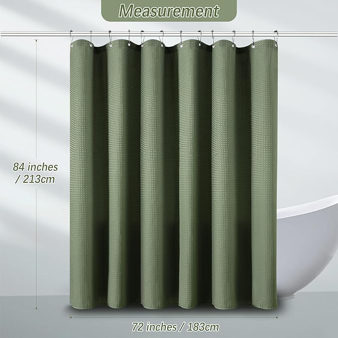 Waterproof Fabric Shower Curtain Extra Long Waffle Weave Heavy Duty Bathroom Shower Curtain Set, 256GSM Weighted Thick Shower Curtain with 12 Rust-Resistant Hooks,72Wx84H Sage Green