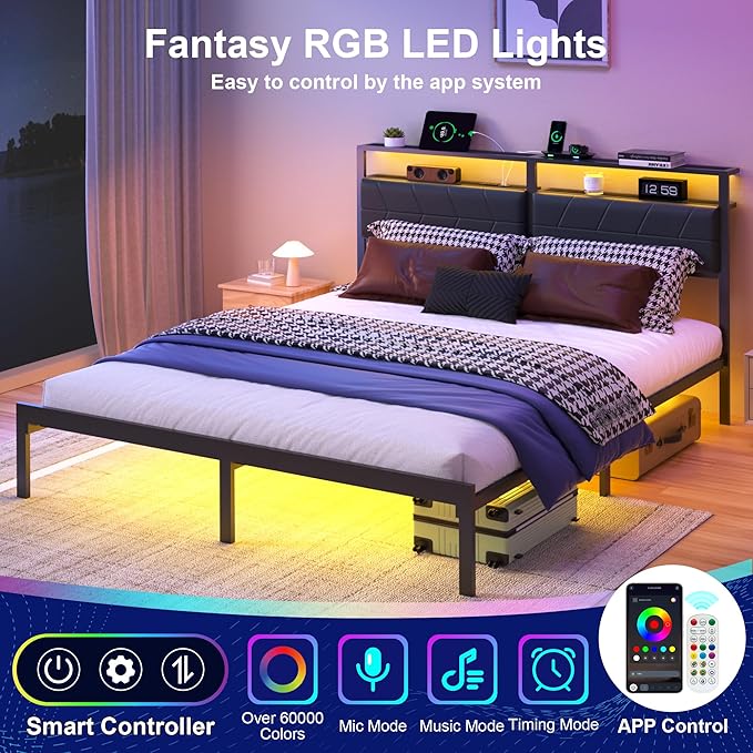 Queen Bed Frame with LED Lights & Charging Station, Metal Platform Bed Frame with 2 Tier Storage Headboard, Under Bed Storage, No Box Spring Needed, Noise Free, Easy Assembly