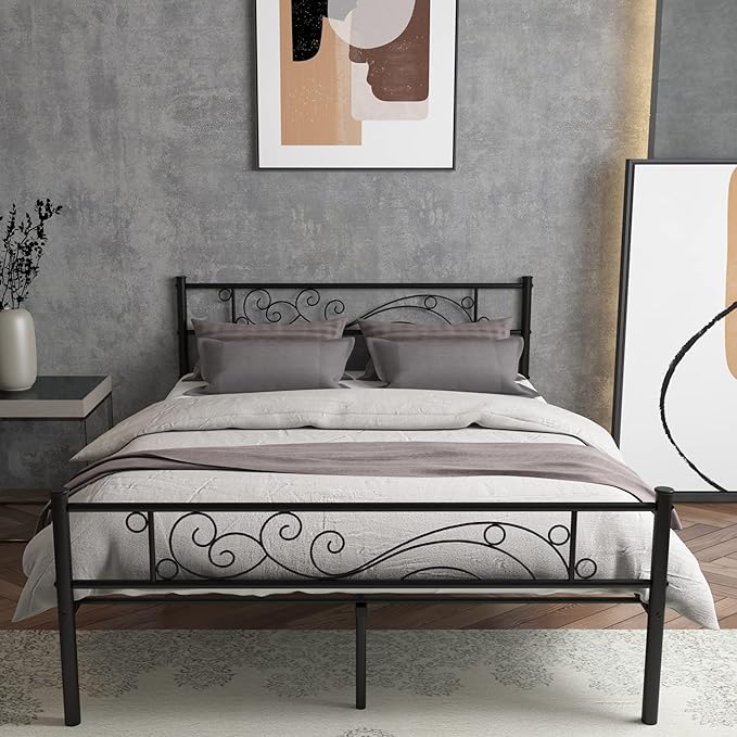 Weehom Full Size Platform Bed with Unique Flower Design Mattress Foundation Strong Metal Slats Support,Easy Assembly Black