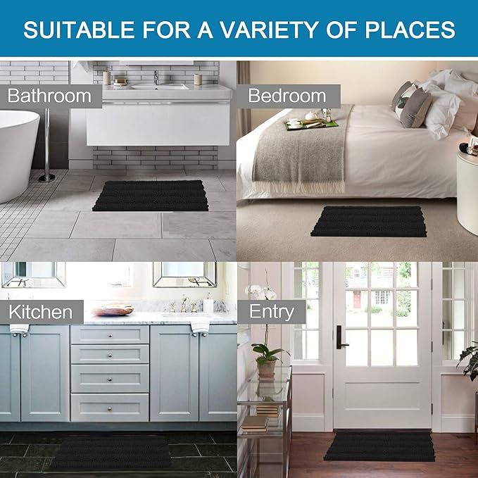 Non Slip Thick Shaggy Chenille Bathroom Rug Mat Set Extra Soft and Absorbent Striped Floor Rugs, 2 Piece, Machine-Washable