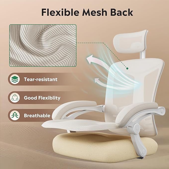 DEVAISE Ergonomic Mesh Office Desk Chair with Footrest, Comfrotable Big and Tall Reclining Computer Chair with Adjustable Lumbar Support, Backrest Adjustable, High Back SGS Class 4 Gas Lift, White