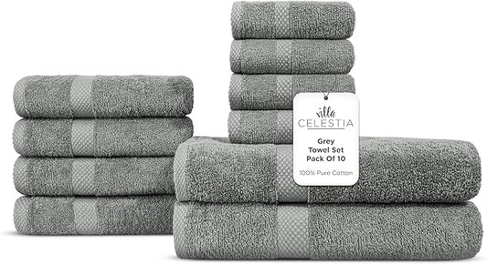 100% Combed Cotton Bathroom Towel Set of 10- 2 Bath Towels, 4 Hand Towels, 4 Wash Cloths, Sustainable, Soft, Highly Absorbent 10 Piece Cotton Bath Towel Set Ideal for Hotels, Spa, Bathroom, Dorm, Grey