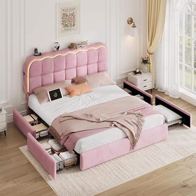 Queen Size Bed Frame with 4 Storage Drawers and LED, Adjustable Clouds Headborad, Velvet Upholstered Platform Queen Bed Frame with Charing Station, Wood Slats Support, No Box Spring Needed,Pink
