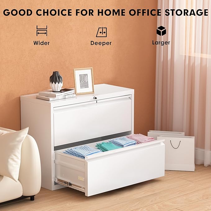 Pataku Lateral File Cabinet, 2 Drawer File Cabinet with Lock, White Filing Cabinets for Home Office, Metal File Cabinet for Hanging Files/Letters/Legal/F4/A4(White)