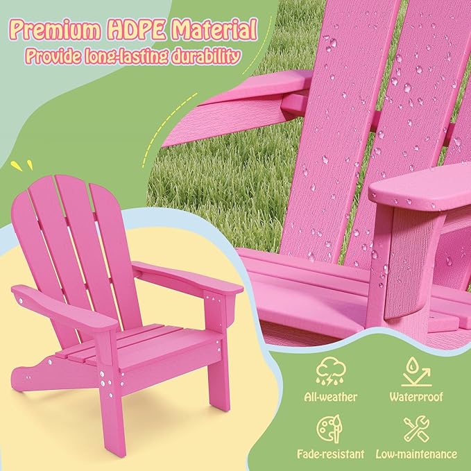 Giantex HDPE Kids Adirondack Chair - All-Weather Lawn Toddler Chair with Ergonomic Design, Children’s Outdoor Chair for Toddlers Ages 3-8, Kid’s Patio Furniture for Deck, Garden (1, Pink)