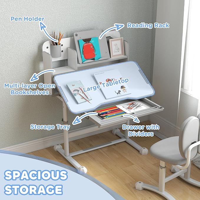 Qaba Kids Desk and Chair Set, Height Adjustable Kids School Study Desk and Chair Set with Tilt Desktop, Storage Drawer and Reading Rack for Writing, Reading and Drawing, Gray