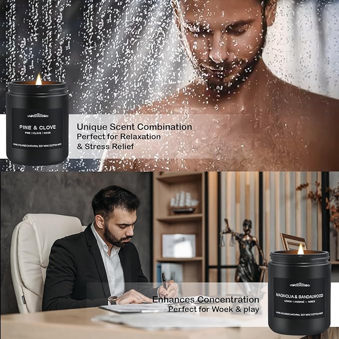 Scented Candle Set for Men, 4 Pack Black Jar Candles with Manly Scents – Amber Patchouli, Magnolia Sandalwood, Cedar Oakmoss, Pine Clove, Soy Wax Aromatherapy Gift for Him, Dad, Husband, Father's Day