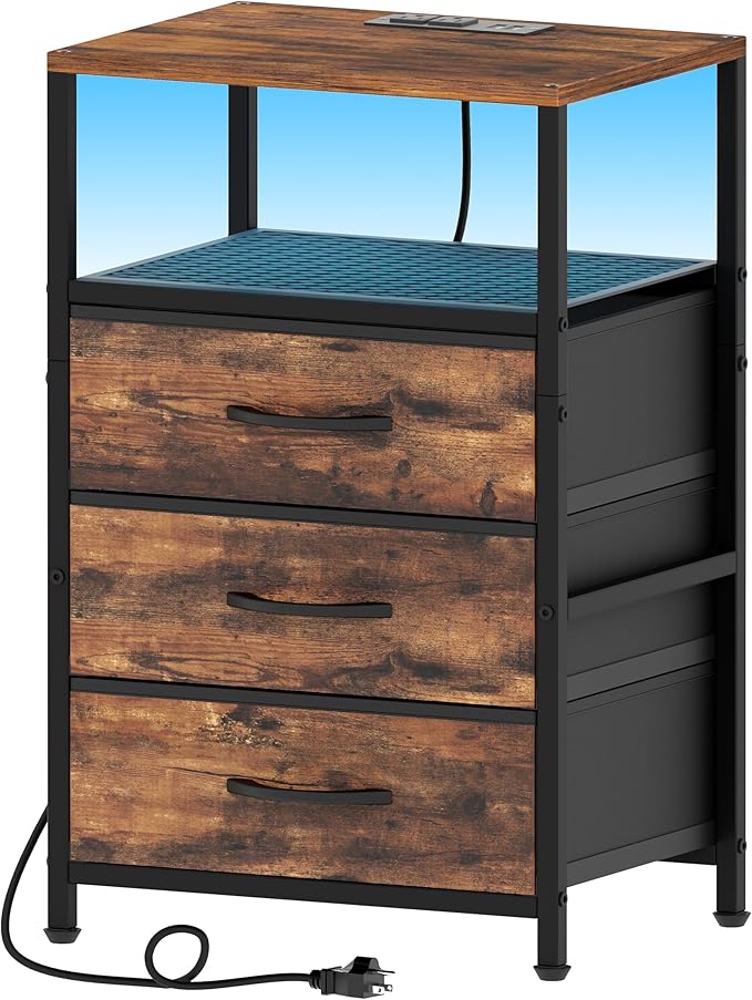 End Table with Charging Station, 11" D x 15" W Night Stand with LED Light, Nightstand with Fabric Drawers, Bedside Table with Open Shelf, Side Table for Bedroom, Living Room, Rustic Brown