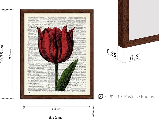 Poster Master Dictionary Art Poster - Tulip Print - Red Flower Art - Floral Art - Gift for Men, Women & Florist - Minimal Decor for Living Room, Bedroom, Dorm or Flower Shop, 8x10 Brown Framed