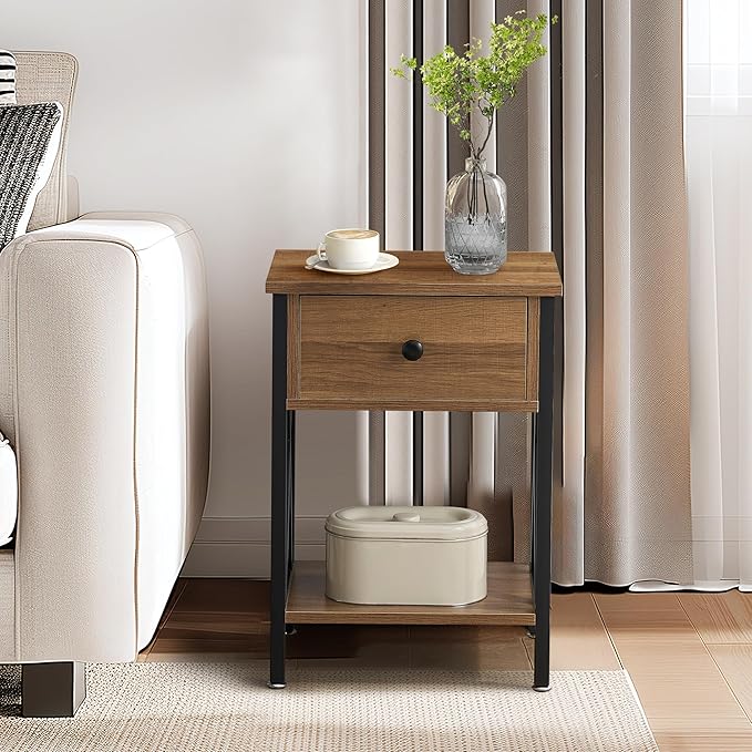 VECELO Nightstand,Modern Bedside End Table, Night Stand with Drawer and Storage Shelf for Living Room Bedroom, Industrial Metal Frame