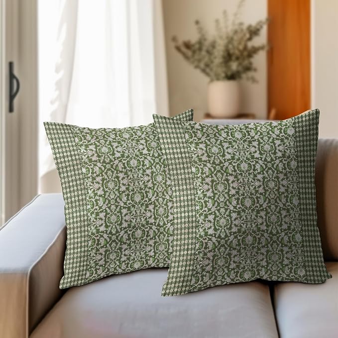 Kawani Green Antique Pillow Covers 16x16 Inch Vintage Floral Block Print Decorative Throw Pillows Set of 2 Retro Turkish Pillowcases for Couch Indoor Outdoor Home Decor