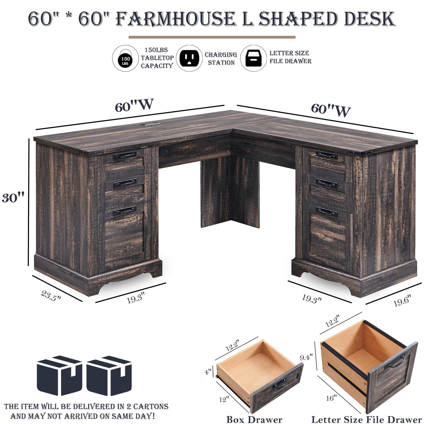 RedLemon 60" Farmhouse L Shaped Executive Desk with Drawers, Wood Home Office Corner Desk with Charging Station, File Drawer, Storage Cabinet, Rustic Computer Writing Desk (Dark Rustic Oak)