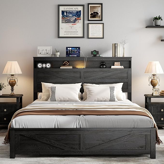 Farmhouse Queen Size Bed Frame with Headboard Storage Shelf, Wood Platform Bed Frame with LED Lights & Charging Station, Rustic Black Metal Bed, No Box Spring Needed, Noise-Free Sturdy Structure