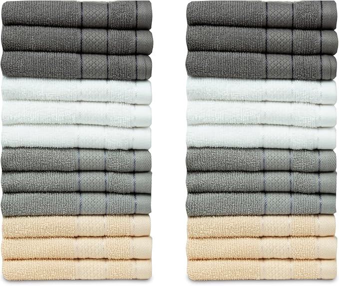 Casa Lino Face Towels & Body Wash Cloths for Showering - 100% Cotton Wash Cloths for Bathroom - Highly Absorbent & Quick Drying Washcloth Set - Cotton Washcloths 24 Pack (12" x 12") - (Multicolor I)