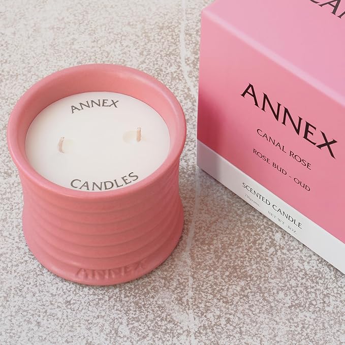 Scented Luxury Candles in Handmade Ceramic Jars, Soy Wax | Canal Rose – Rose Bud & Oud Scented, Large Candle | Non Toxic, 2 Wicks, Reusable Big Pink Jar | Natural Spring Aromatherapy for Women & Men