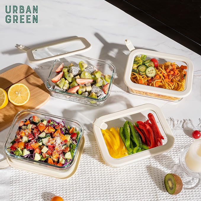 Urban Green Glass Food Storage Containers with Glass Lids, Microwave Safe Food Container Set, Airtight Food Container Set, LeakProof, 100% Plastic Free, White Color, 4pack