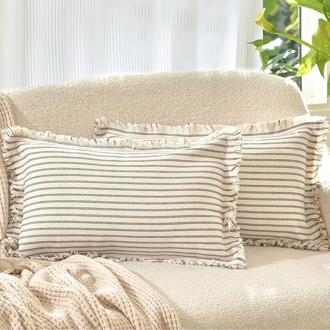 ZWJD Throw Pillow Covers 12x20 Set of 2 Striped Pillow Covers with Fringe Chic Cotton Decorative Pillows Square Cushion Covers for Sofa Couch Bed Living Room Farmhouse Decor