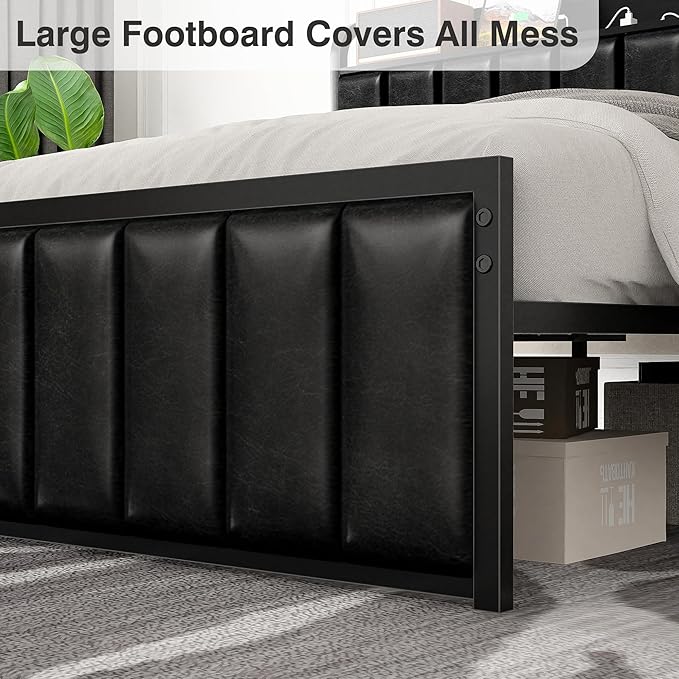 VECELO Queen Size Bed Frame with Headboard, Upholstered Platform Bedframe, Heavy Duty Metal Slats, No Box Spring Needed, Easy Assembly, Classic Black