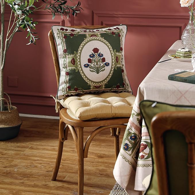 Design Linen Square Throw Pillow Covers 18"x18" Pack of 2, Yellow Green French Cushion Covers with Red Rose Floral Pattern Decoration Pillowcases for Bed, Living Room, Outdoor, Car