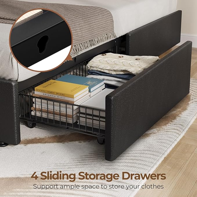 Rolanstar Full Size Bed Frame with LED Lights and USB Ports, Upholstered PU Leather Bed with Adjustable Headboard and 4 Storage Drawers, No Box Spring Needed, Easy Assembly, Black