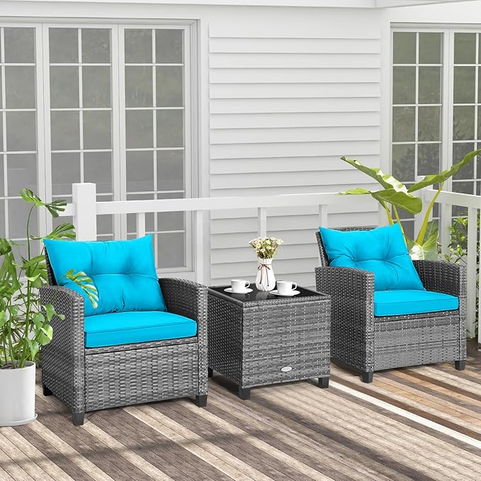 Tangkula 3 Pieces Patio Furniture Set, Outdoor PE Rattan Conversation Chair Set with Tempered Glass Side Table and Removable Cushions, PE Wicker Chairs and Table Set for Porch, Balcony and Garden