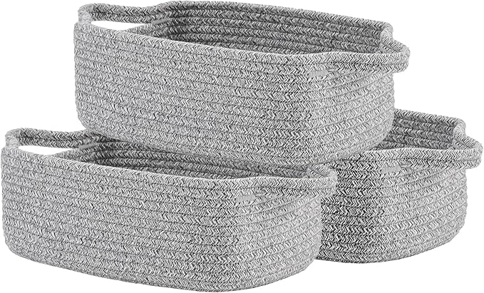 KALLAX Small Woven Basket, 12 x 8 x 4.5 Inches, Small Storage Baskets for Organizing, Gift Baskets Empty, Cute Rope Shelf Closet Storage Bins for Shelves, Dog Toy Basket, 3 Packs, Mixed Grey