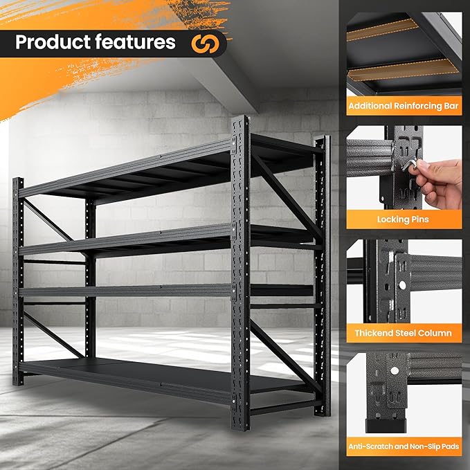 60” W Heavy Duty Garage Shelving, 5000LBS Metal Storage Shelves, 4 Tier Storage Rack Shelf, Steel Industrial Shelving, Adjustable Standing Shelf for Basement/Warehouse 60" W x 24" D x 70" H, Black