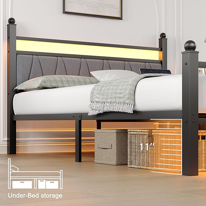 Full Bed Frame with Smart LED Lights, Storage Headboard and USB Charging Station,Heavy Duty Wooden Slats, No Box Spring Needed, Noise Free, Easy Assembly (Modern Black, Full)