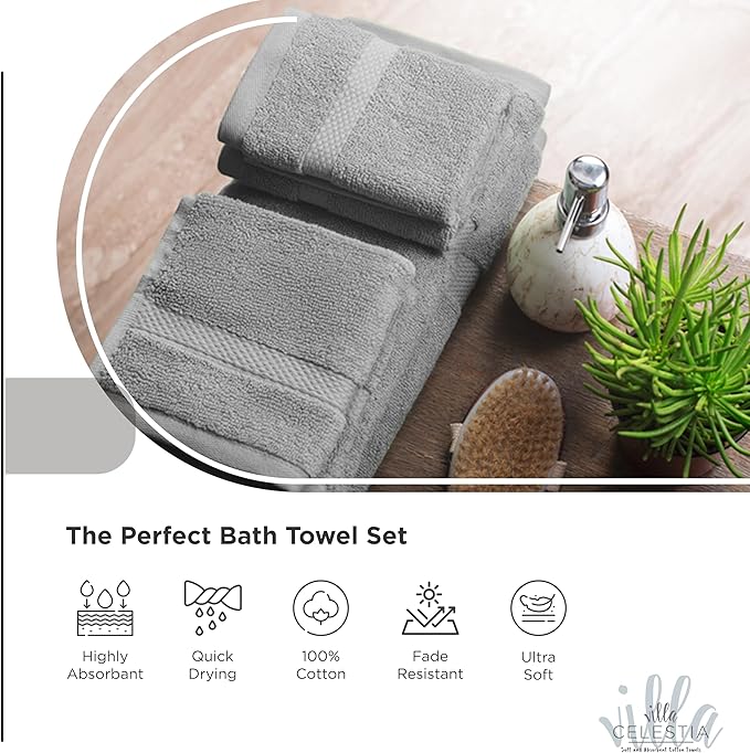 100% Combed Cotton Bathroom Towel Set of 10- 2 Bath Towels, 4 Hand Towels, 4 Wash Cloths, Sustainable, Soft, Highly Absorbent 10 Piece Cotton Bath Towel Set Ideal for Hotels, Spa, Bathroom, Dorm, Grey