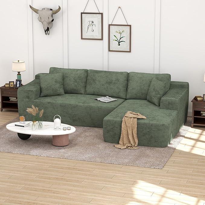OC Orange-Casual 106.3" Cloud Sectional Couch with L-Shape Chaise,No Assembly Required Modular Sofa,Upholstered Boneless Couches for Living Room, Plush Corduroy Fabric (Green, Right Facing Chaise)