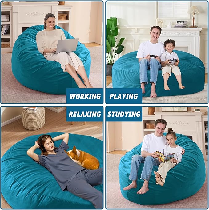 7FT Bean Bag Chair with Ultra Soft Velvet Cover Bean Bag Sofa with Memory Foam Bean Bag Chairs with Large Size Lazy Sofa for Dorm Office Living Room Bedroom Sea Blue 7'