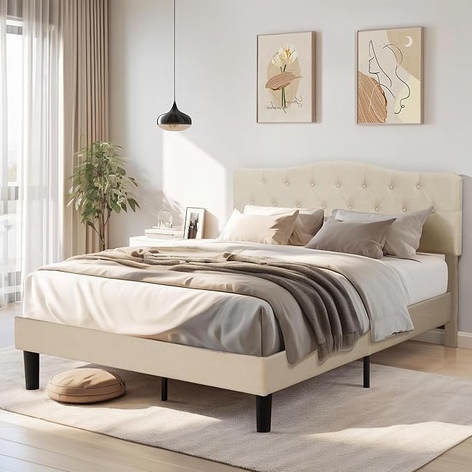 VECELO Full Size Bed Frame Upholstered Platform with Tufted Adjustable Headboard/Mattress Foundation with Wood Slat Support, Easy Assembly,Beige