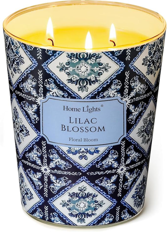 HomeLights Lilac Blossom Scented Candles | 34oz Soy Candles Bohemian Natural Textures 3-Wick Large Candle Jars | Ideal Candle Gifts for Events, Home Decor Stress, Relief & Relaxation