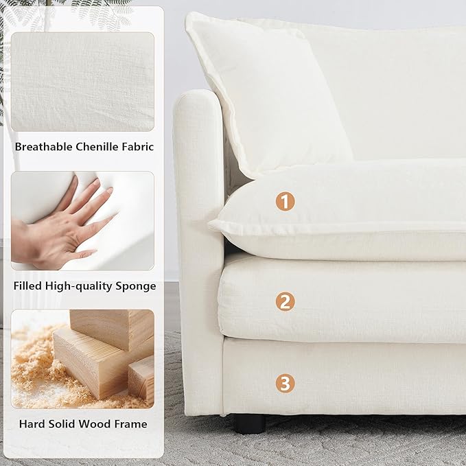 mikibama Luxury Modular Sectional Sofa, 146.5" Modern Chenille Comfy Cloud Couches for Living Room Office, 4 Seater Deep Sofa with 2 Armrest Pillows and 4 Toss Pillows, Beige