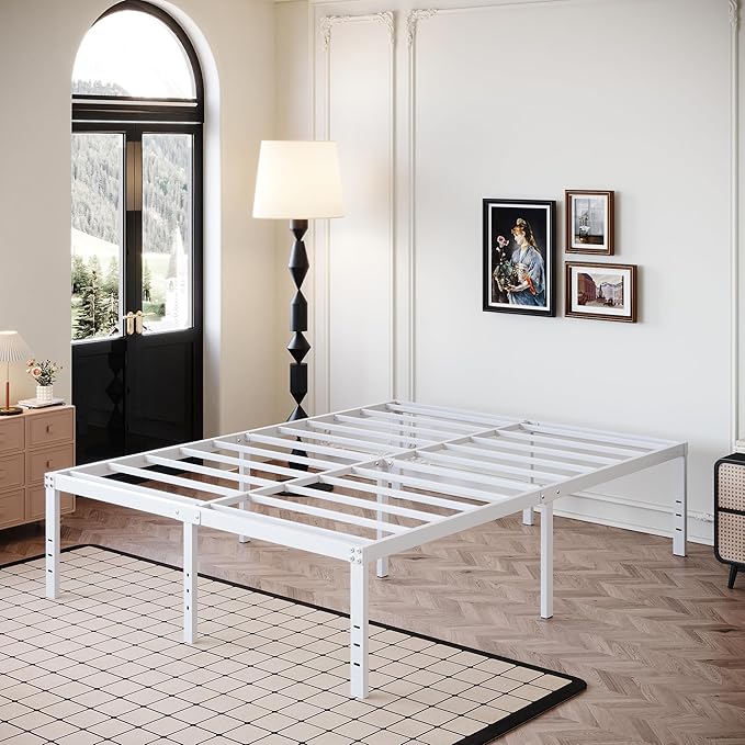 18 Inch Full Size Bed Frame Heavy Duty Metal Platform No Box Spring Needed, Maximum Storage, Easy Assembly, Noise Free, White