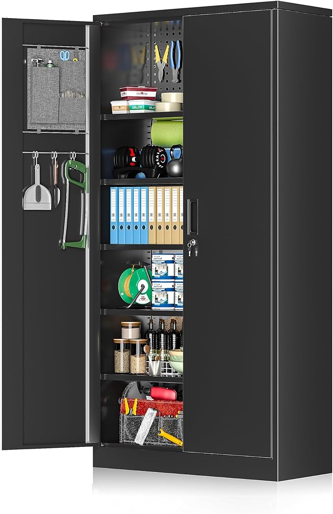 Greenvelly Metal Garage Storage Cabinet with Pegboard, 72" Locking Storage Cabinet with Doors and 4 Adjustable Shelves for Home Office,Garage,Kitchen,School,File (Black)