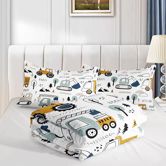 Kids Cartoon Excavator Bedding Comforter Sets for Boy and Girls,Construction Truck Bulldozer Tree Pattern Comforter Set with 2 Pillowcase and 1 Comforter(Excavator Full)
