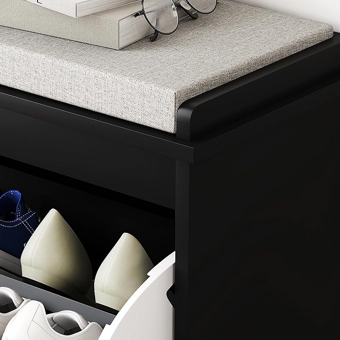 HOMCOM Narrow Shoe Bench with Padded Seat Cushion and Flip-Drawer, Small Entryway Bench Holds up to 265lb, Shoe Cabinet, 24.4x10.2x18.7 Inches, Black