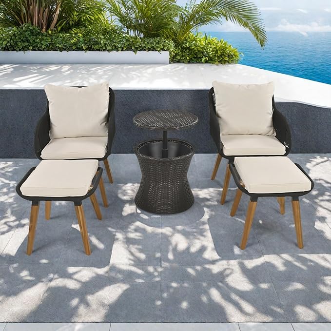 5-Piece Patio Conversation Sofa Set, Rope-Woven Furniture Set with Rattan Cool Coffee Table, Outdoor Furniture Setwith 2 Footstools for Garden, Backyard, Balcony, Black & Beige