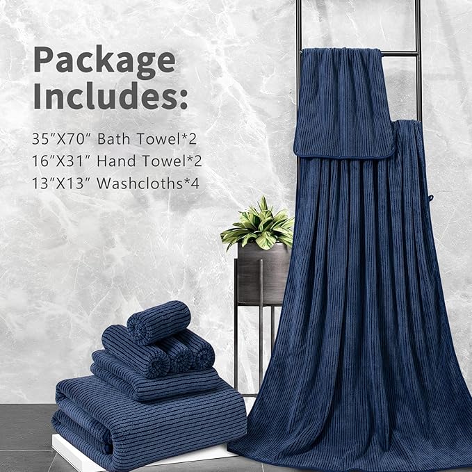8-Piece Premium Towel Set for Bathroom|2 Oversized Large Bath Sheet,2 Hand Towels,4 Washcloths|Soft Cozy Highly Absorbent Fast Dry Microfiber Shower Towel Set for Hotel Bathroom Essentials,Navy Blue