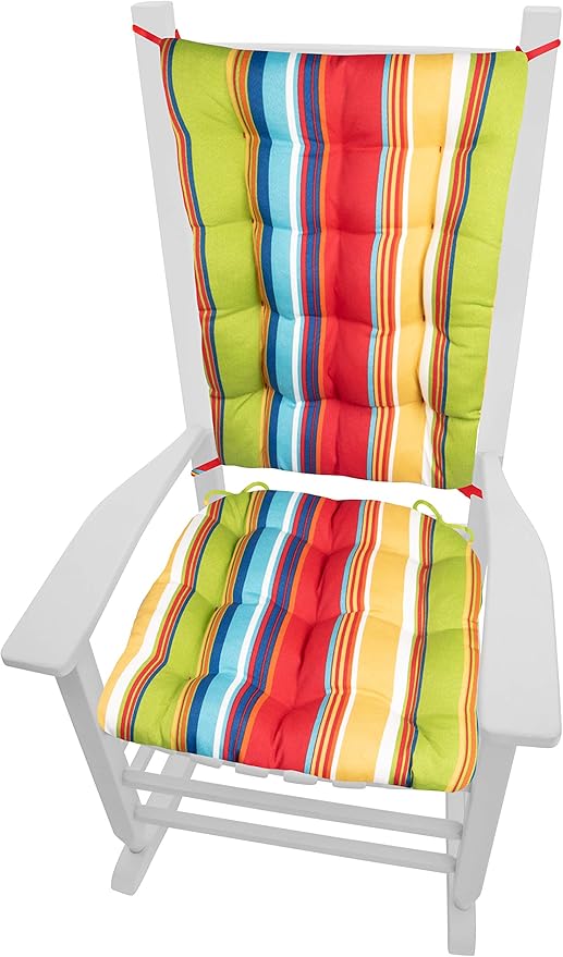 Westport Red Porch Rocker Cushions - Extra-Large - Indoor-Outdoor: Fade & Weatherproof - Latex Foam Filled Rocking Chair Seat Cushion & Backrest Pad Set (Rainbow Cabana Stripe, XL)