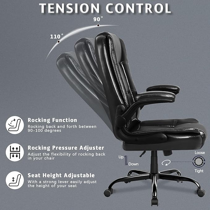 LEMBERI Flip-up Arms Office Desk Chair Big and Tall Managerial Executive Chair, High Back Computer Chair Ergonomic Adjustable Height PU Leather Chairs with Armrest for Long Time Sitting