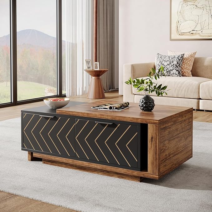 Tribesigns Extendable Coffee Table with 2 Storage Drawers, Dual-Tone Center Table with Sliding Tabletop, Multi-Functional Hidden Storage Wooden Rectangle Cocktail Table for Living Room (Brown & Black)