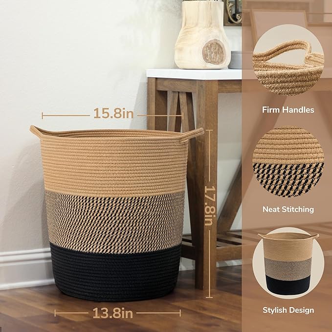 INDRESSME Laundry Basket Large Laundry Hamper, Woven Baskets for Storage, 17.8" x 15.8" x 13.8", Wicker Laundry Basket for Living Room, Dirty Clothes Basket, Baby Hamper for Nursery, Black & Jute