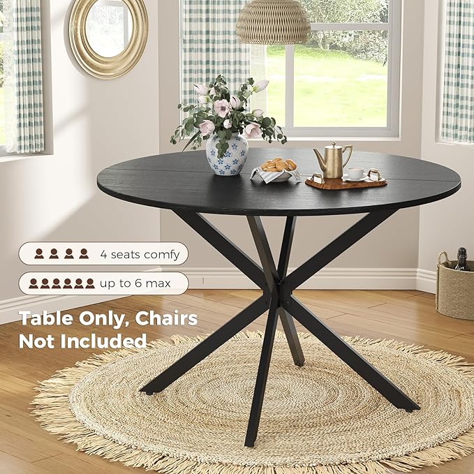 Unovivy 47" Round Dining Table for 4-6, Space Saving Circle Kitchen Dinner Table, Industrial Mid Century Modern Dining Room Desk for Kitchen, Apartment, Black