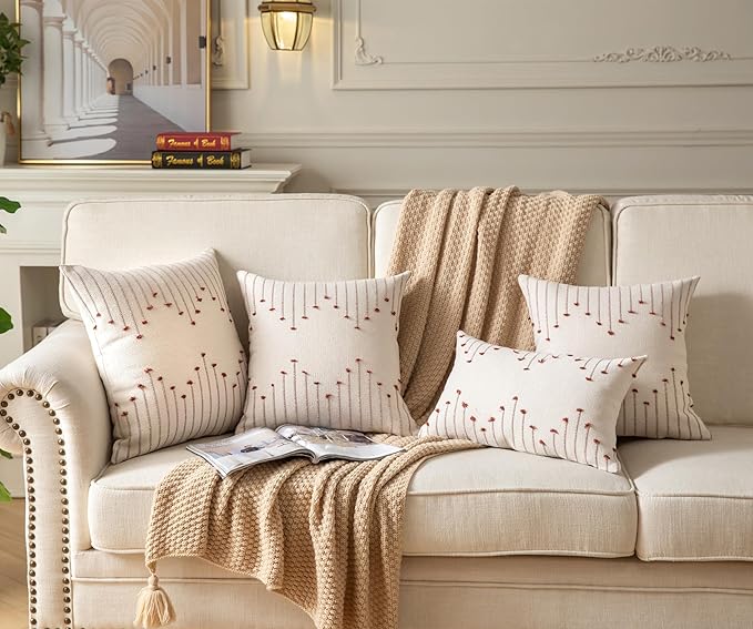 Caflife Boho Throw Pillow Covers 20x20 Set of 2 Decorative Pillows for Bed, Neutral Pillow Covers Beige with Rust Line Throw Pillows for Modern Farmhouse Couch Sofa Living Room Outdoor