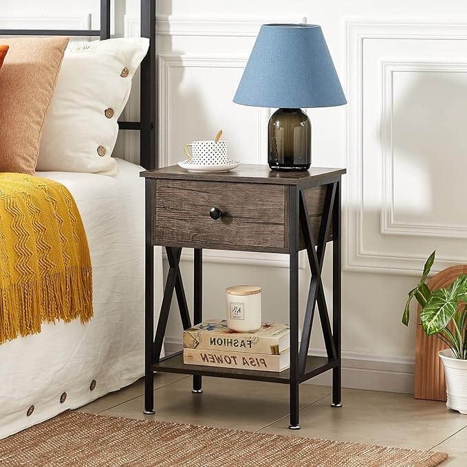 VECELO Nightstand,Modern Bedside End Table, Night Stand with Drawer and Storage Shelf for Living Room Bedroom, Industrial Metal Frame
