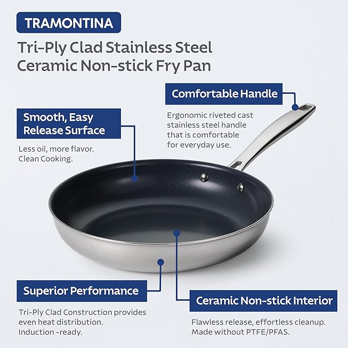 Tramontina Signature 8-Inch Tri-Ply Clad Stainless Steel Small Frying Pan with Ceramic Non Stick Interior, Induction-Ready Nonstick Skillet, Oven-Safe, Dishwasher-Safe